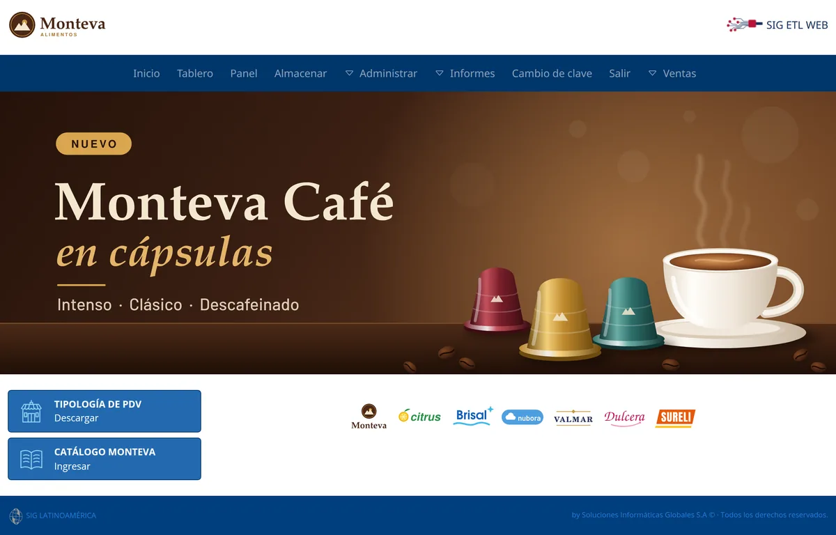 SIG ETL Web home page with the manufacturer's logo, the portal menu, an advertising banner, document links and a row of brand logos