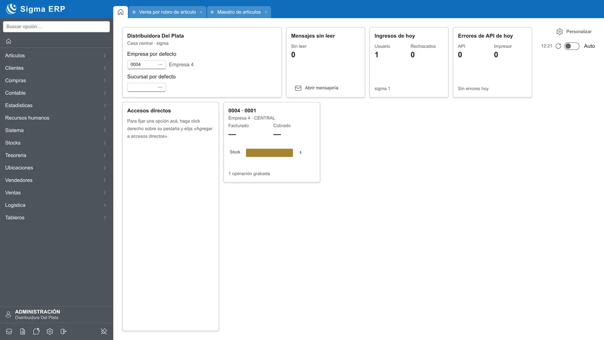 Tela inicial do SIGMA web, com o menu de módulos e os cartões do dia