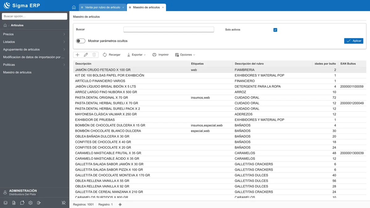 Cadastro de produtos do SIGMA web: a grade com a busca e os botões Exportar, Imprimir e Opções