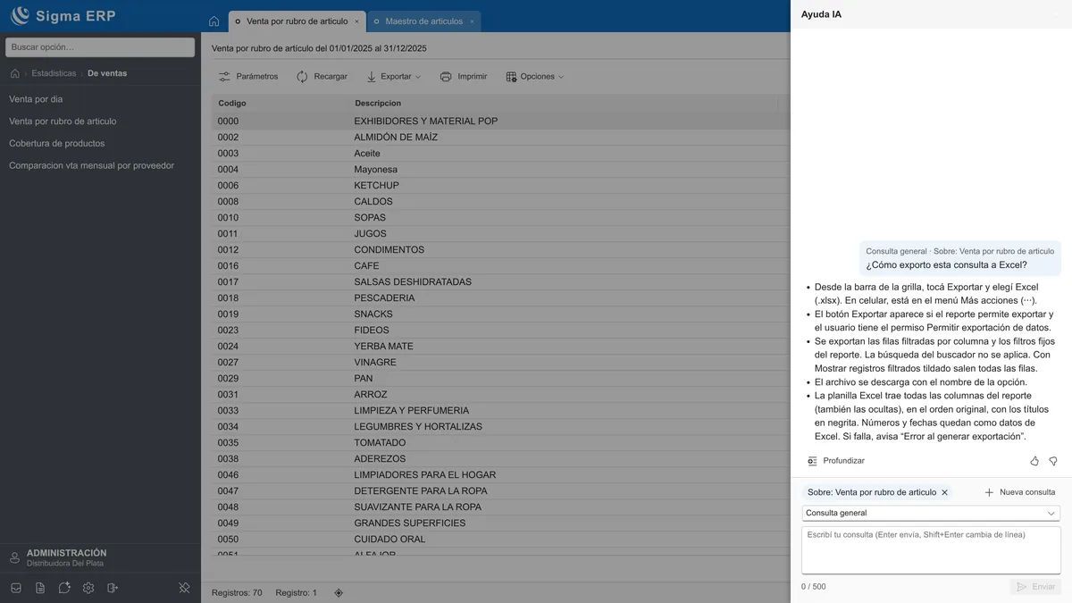 Um relatório de vendas por categoria no SIGMA web, com o painel da Ajuda IA explicando como exportá-lo para o Excel