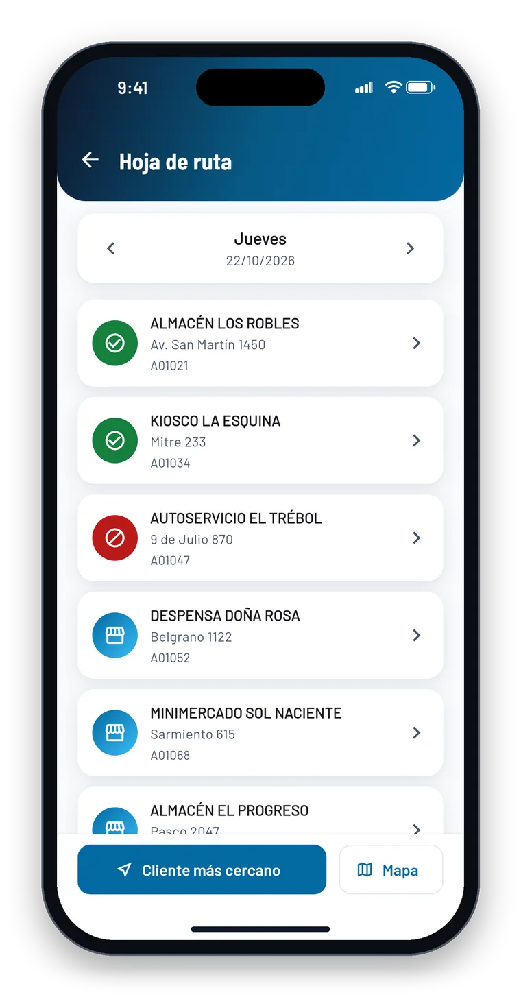 O roteiro do dia no SmartTraderNX, com clientes visitados, um não visitado e os pendentes