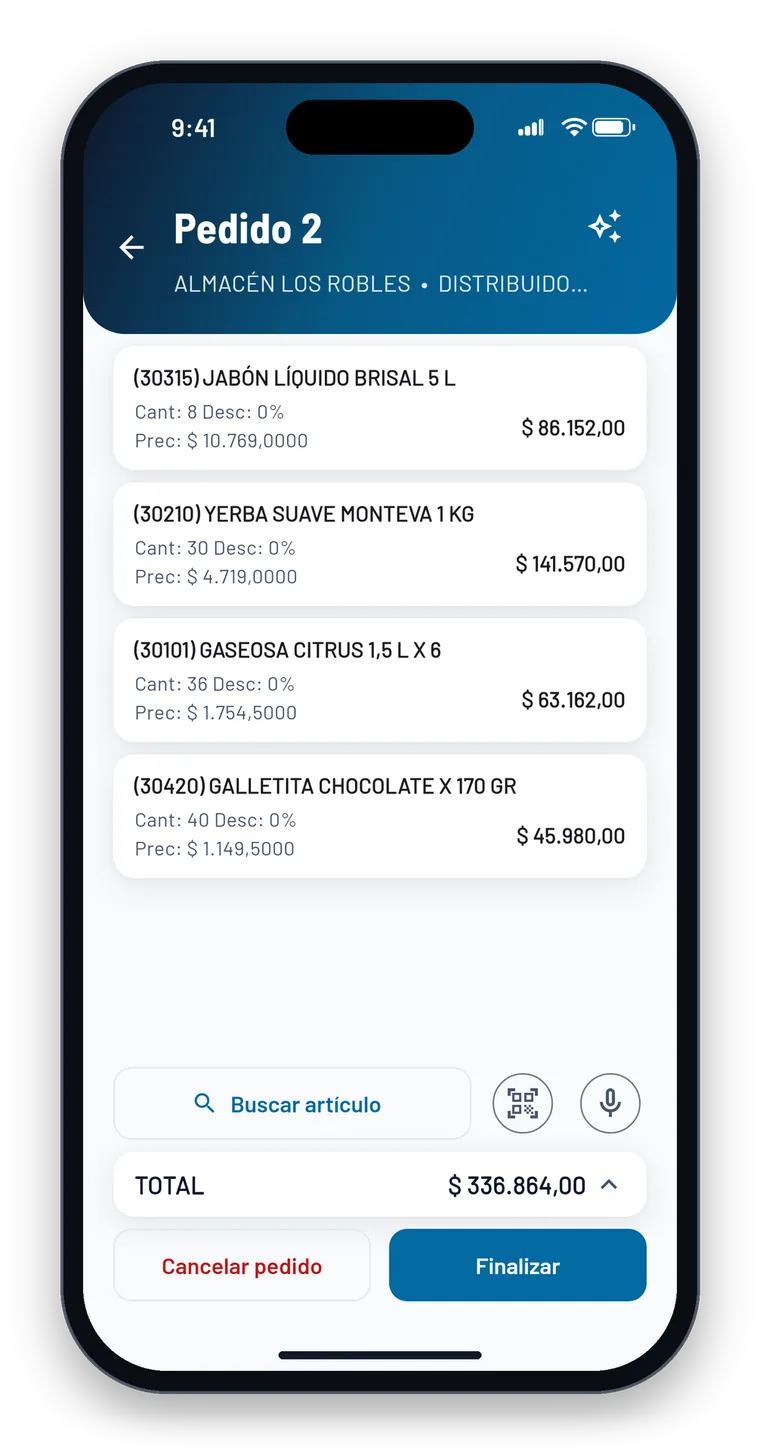 Um pedido do Almacén Los Robles no SmartTraderNX, com quatro produtos e o total