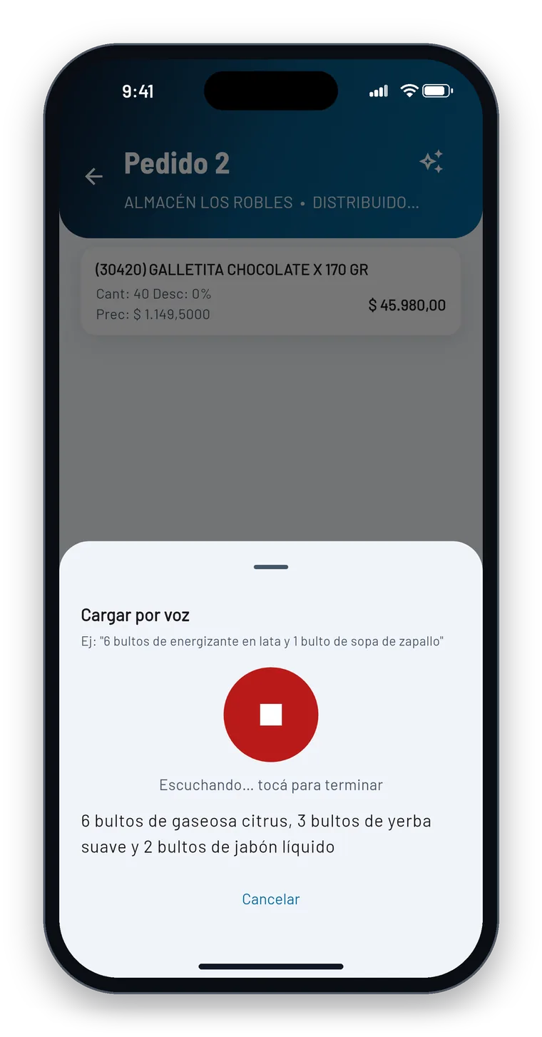 SmartTraderNX ouvindo um pedido ditado: seis fardos de refrigerante, três de erva-mate e dois de sabão líquido